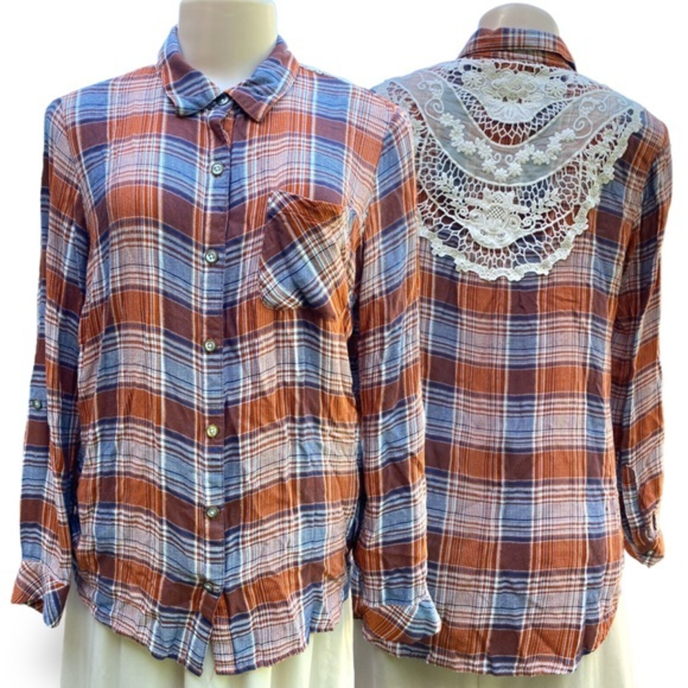 Linda Anderson Plaid Crochet Lace Back Shirt M Metallic Gold Western Boho